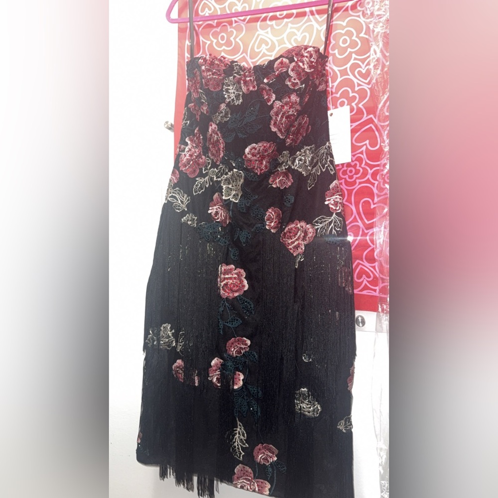 Mac Duggal - Strapless Floral Embroidered Midi Dress with Fringe Detailing